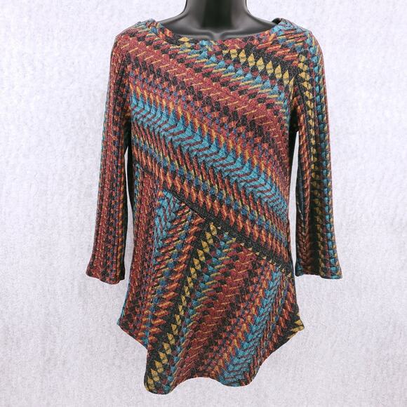 None Tops - Travel Elements Tunic Women’s S Multicolor 3/4 Sleeve Stretch Asymmetrical Boho